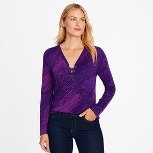 NWT White House Black Market Long Sleeve Lace up Top Abstract Purple XS
